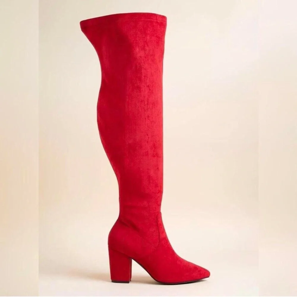 Red Faux Suede Over The Knee Thigh High Boots Block Heel 7.5WW